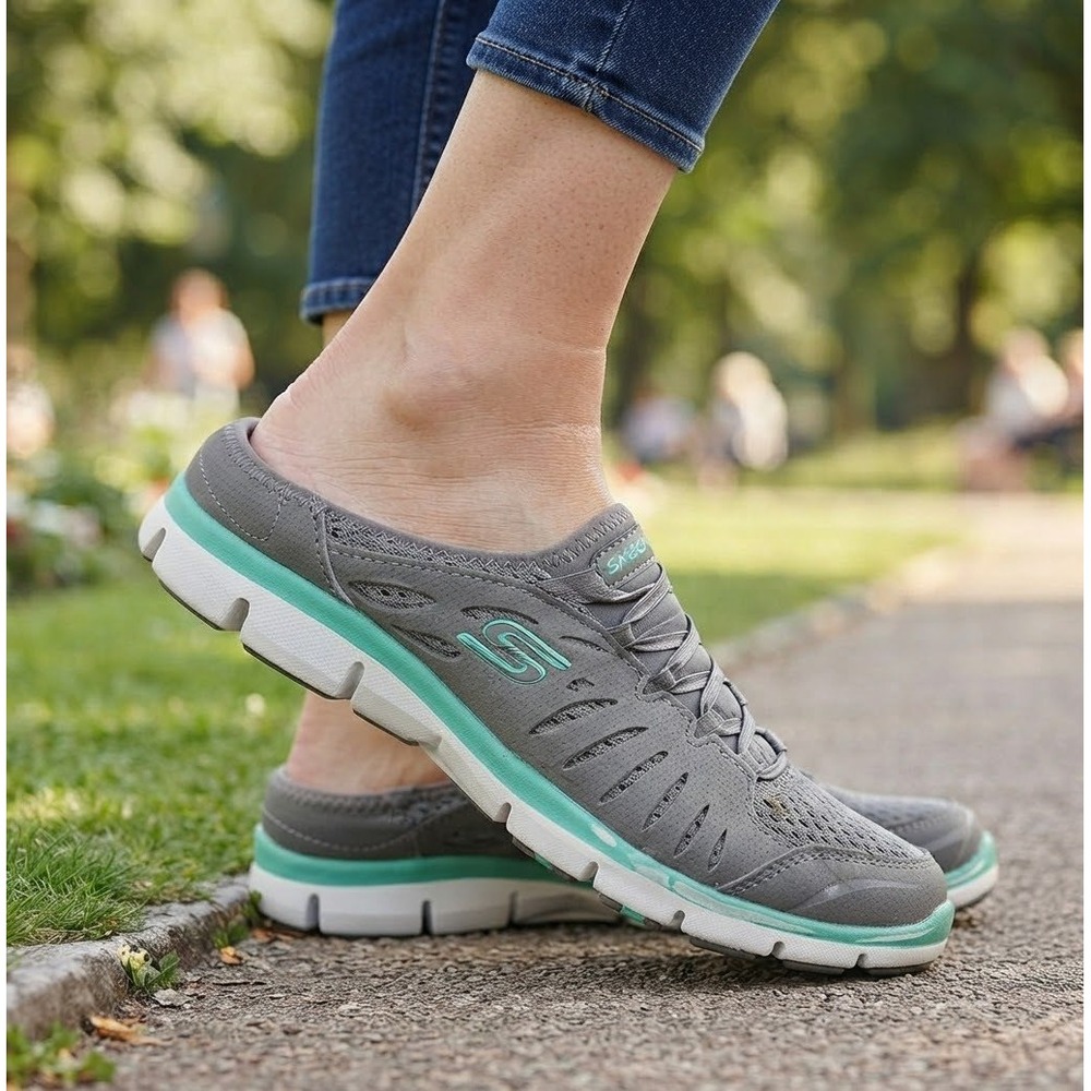 Skechers Sport Women 8 Wide Fit Slip On Mules Gray Mint 22752W Air Cooled MF